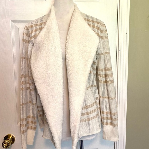 Adrienne Vittadini Ivory & Tan Plaid Open Front Cardigan Sz L - Picture 1 of 10